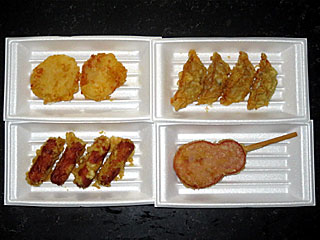 モッツァレラチーズ天&薄皮餃子の天ぷら&あらびきウインナー天&ハムステーキ串天(てんや)