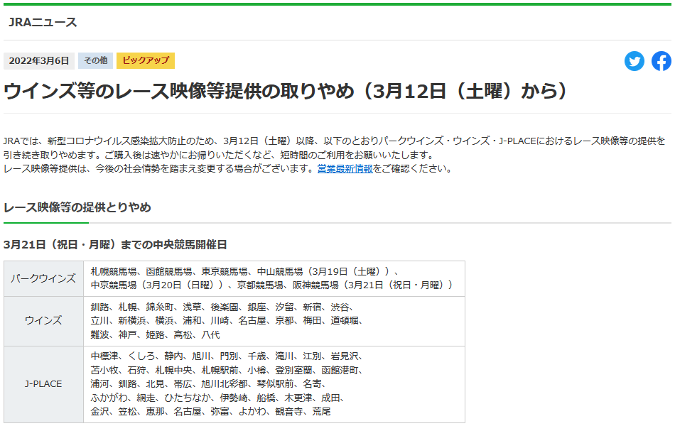 お知らせ | ウインズ等のレース映像等提供の取りやめについて